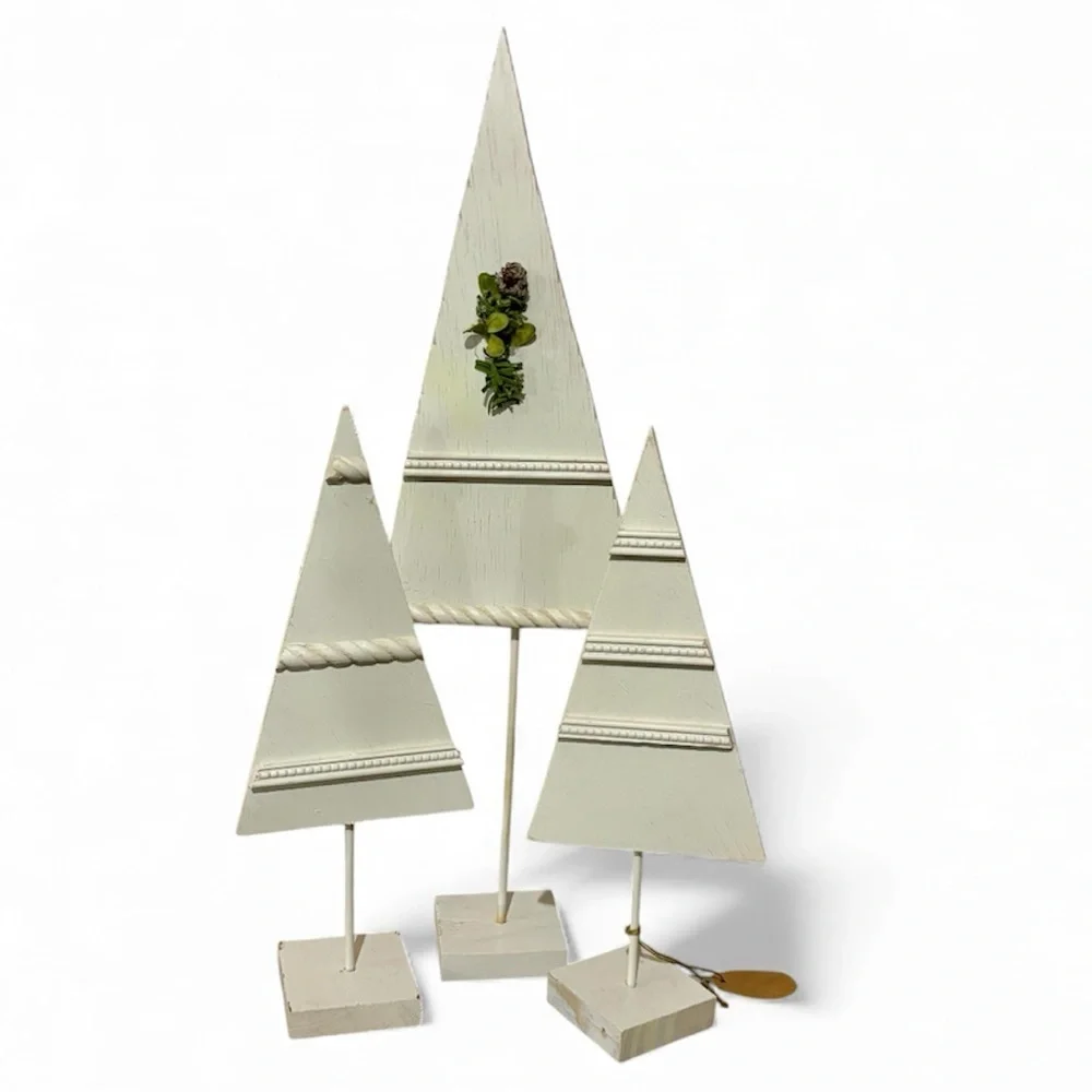 Handmade Wood Holiday Tree Set of 3 Trimmed in Molding Painted White 13 inches